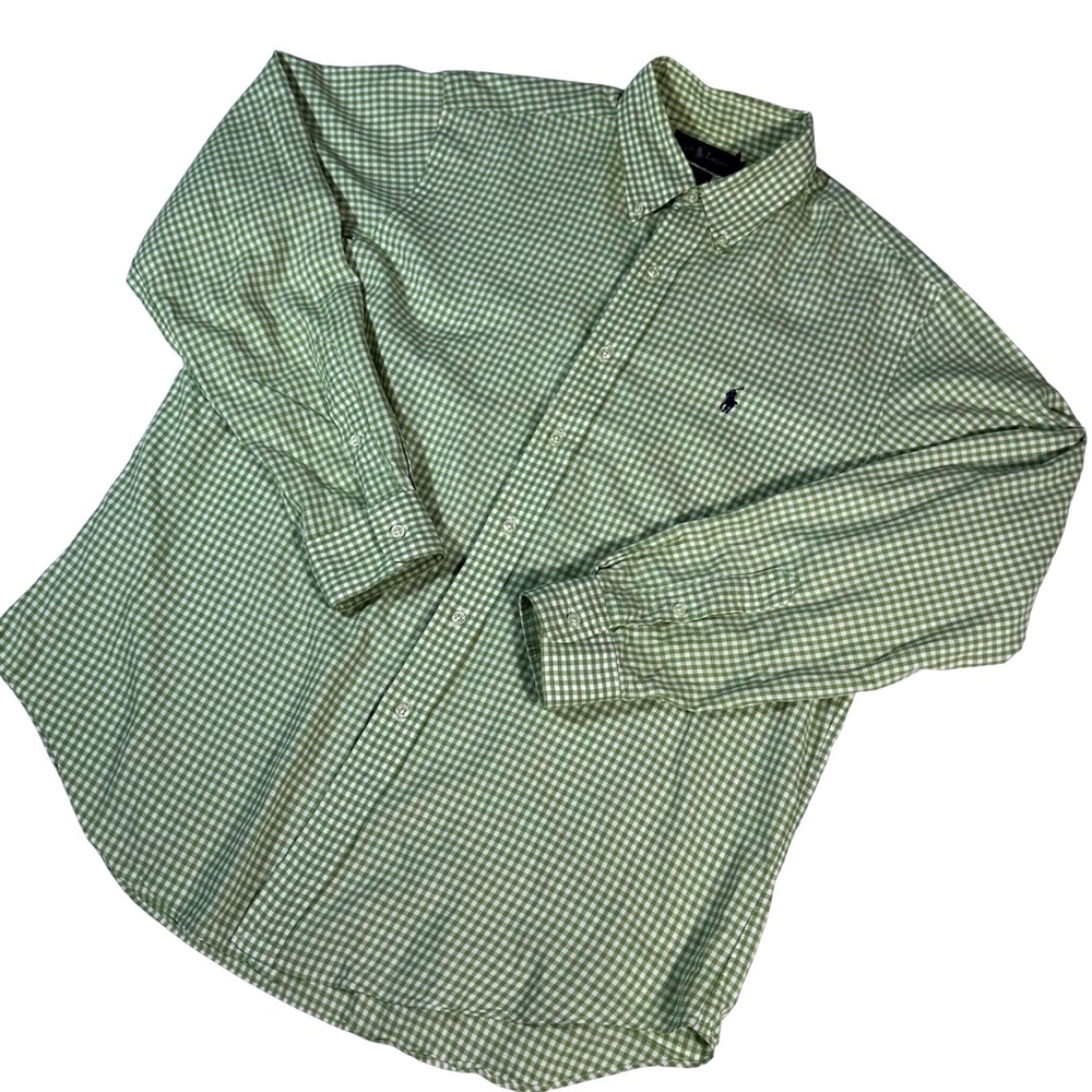 Ralph Lauren Button Down Mens Large Green Gingham Classic Fit Long Sleeve Shirt
